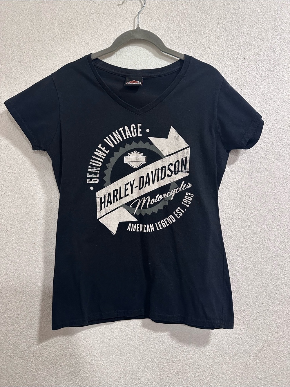 Harley-Davidson Black V-Neck Tee with White Vintage Logo